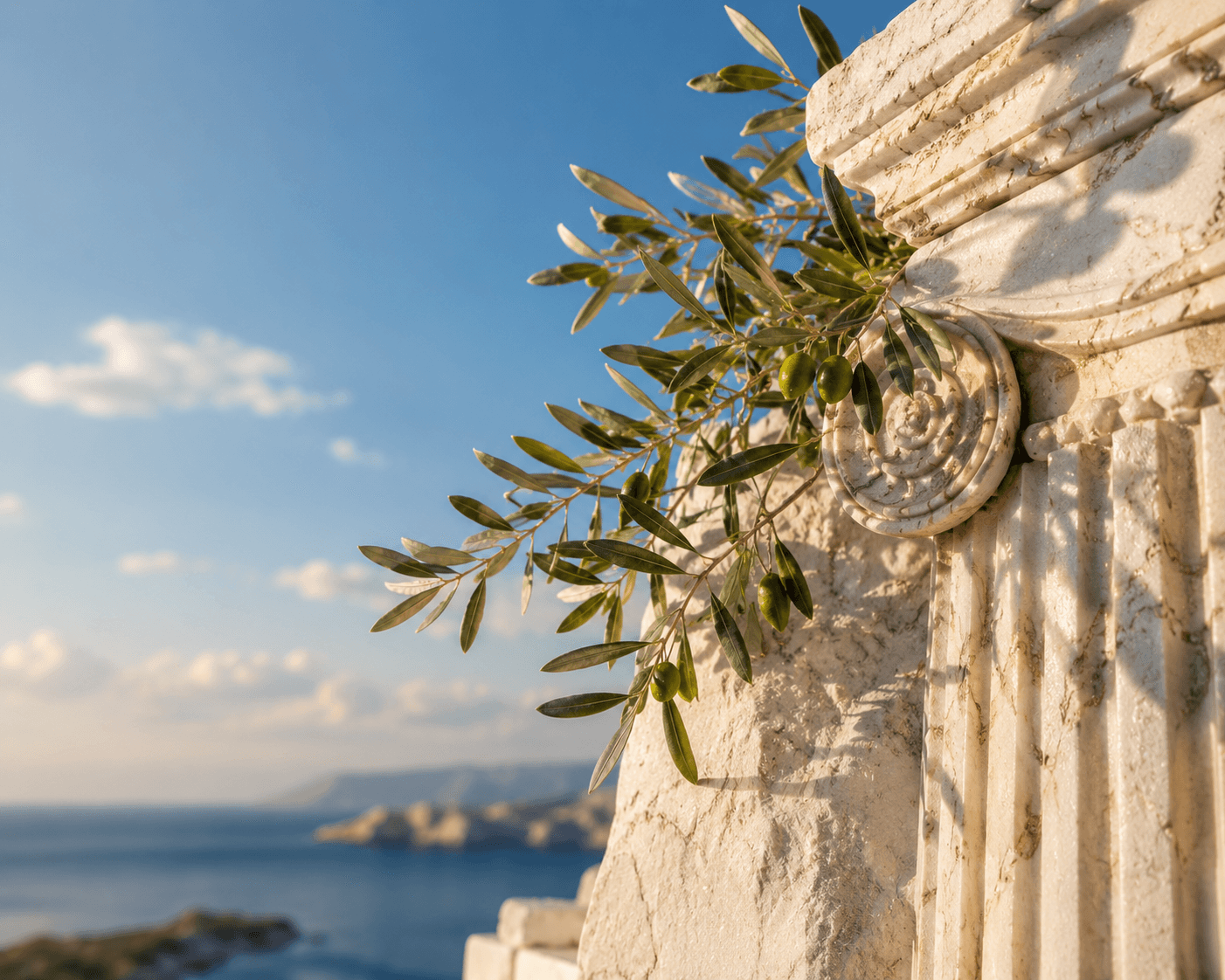 Classical Greek column and olive branch overlooking the Aegean sea