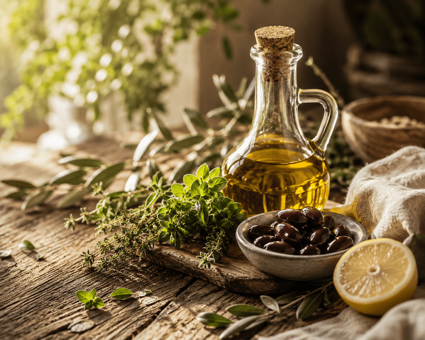 Fresh Mediterranean ingredients: olive oil, herbs and olives